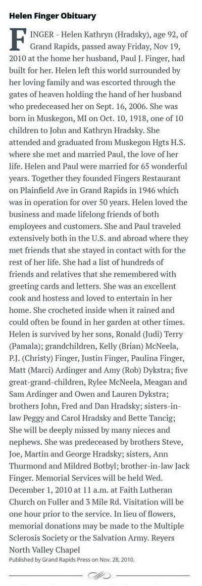 Fingers Restaurant - Helen Finger Obituary 2010
